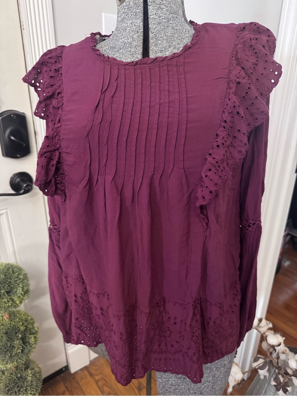 Women’s Knox Rose Burgundy Blouse With Eyelet Trim and Ruffles XL